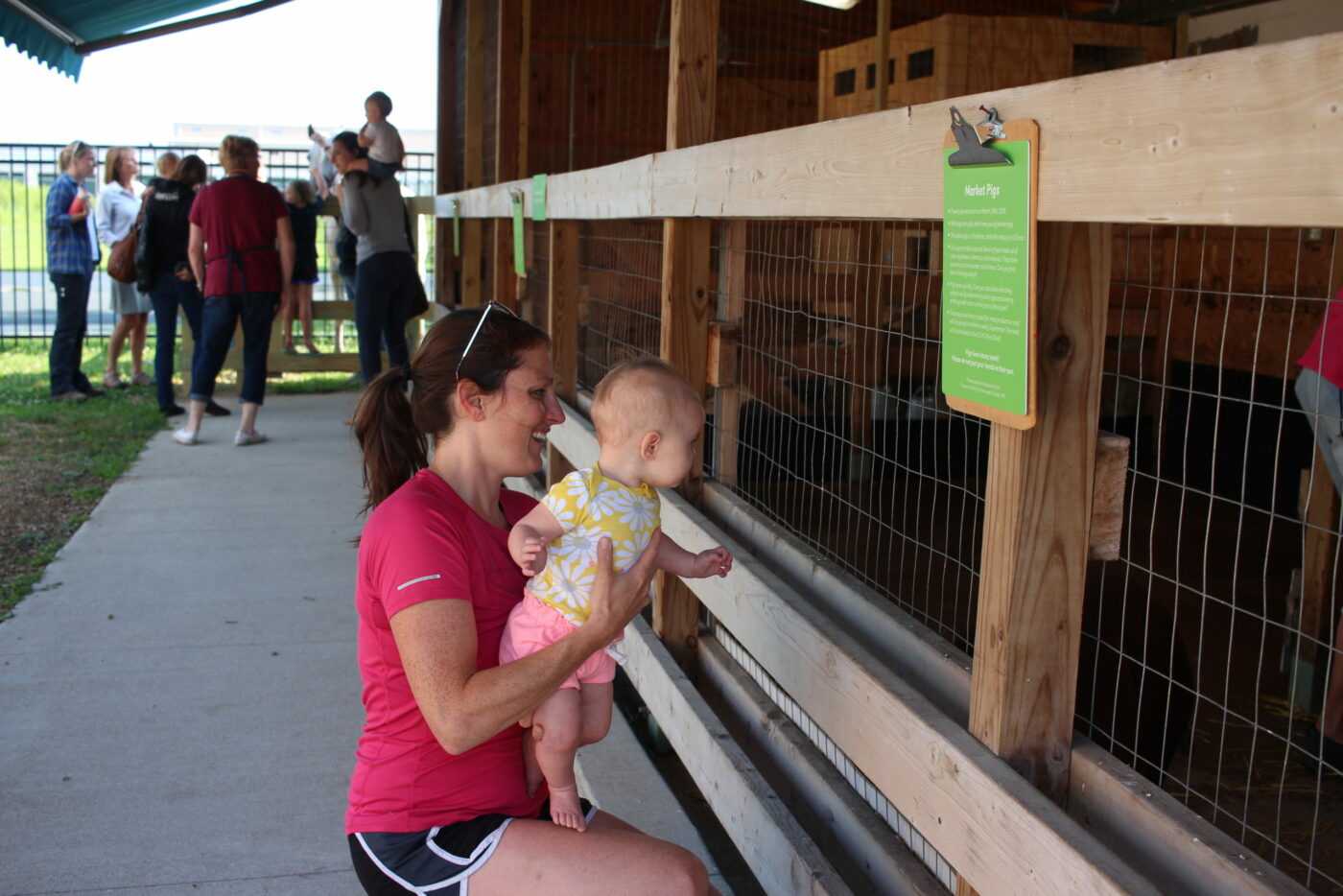 Baby and Parent learning about Pigs in the Alltech Farmyard at the Children's Museum of Southern Minnesota in Mankato
