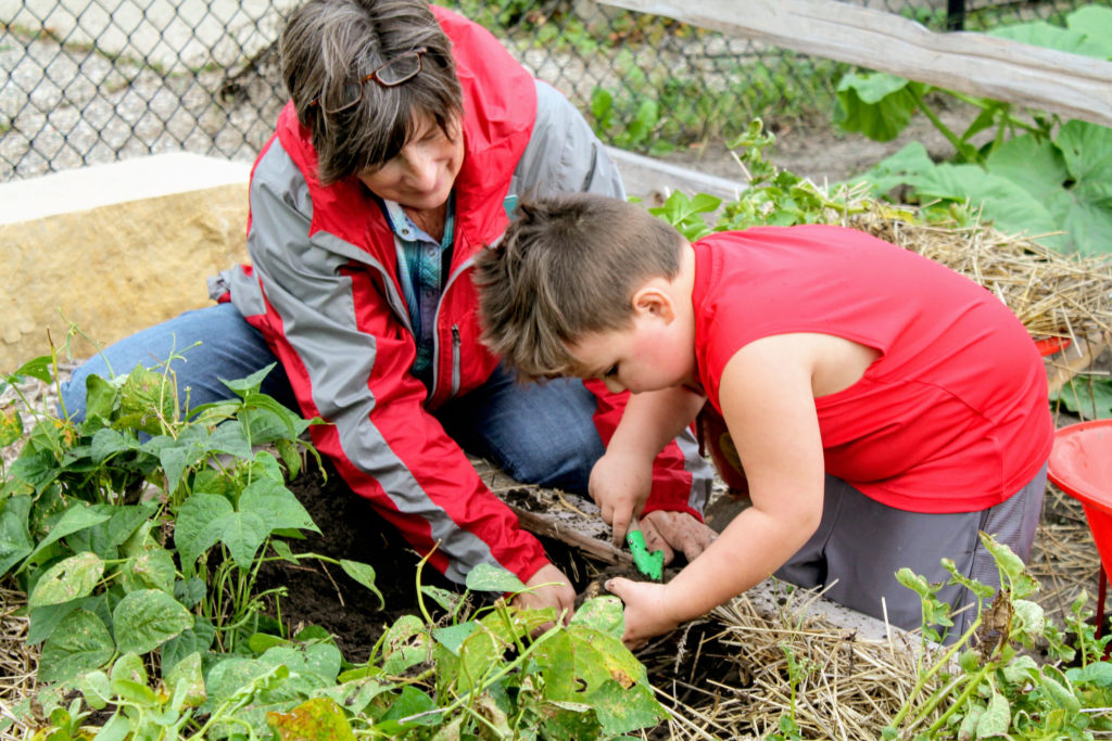 Planting digging in the garden beds crops harvest soil ag education Alltech Farm Animal Experience Children's Museum of Southern Minnesota